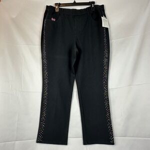 Quacker Factory DreamJeannes Black Rhinestone Side Stripe Pants Large‎ Short
